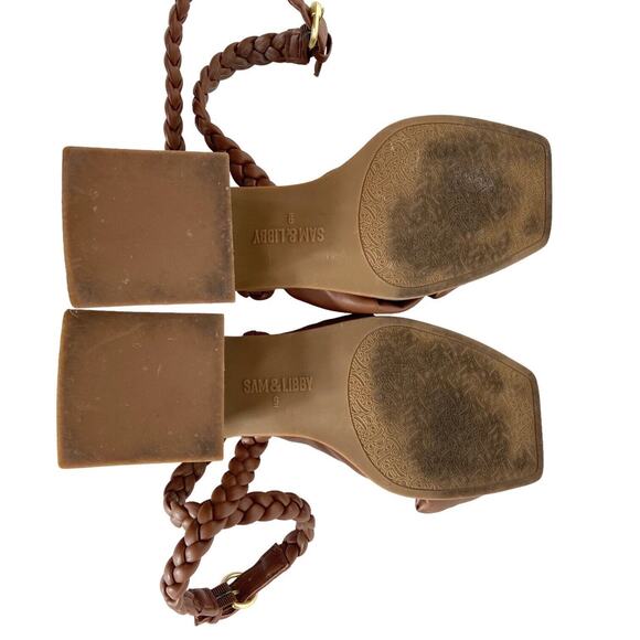 Sam & Libby Square Toe Heels Sandals Camel Brown Faux Leather‎ Braided Womens 9 - Picture 8 of 12